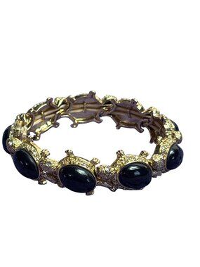 Goldtone Turtle Stretchy Bracelet Black Cabochons Rhinestones 6.75" Unstretched